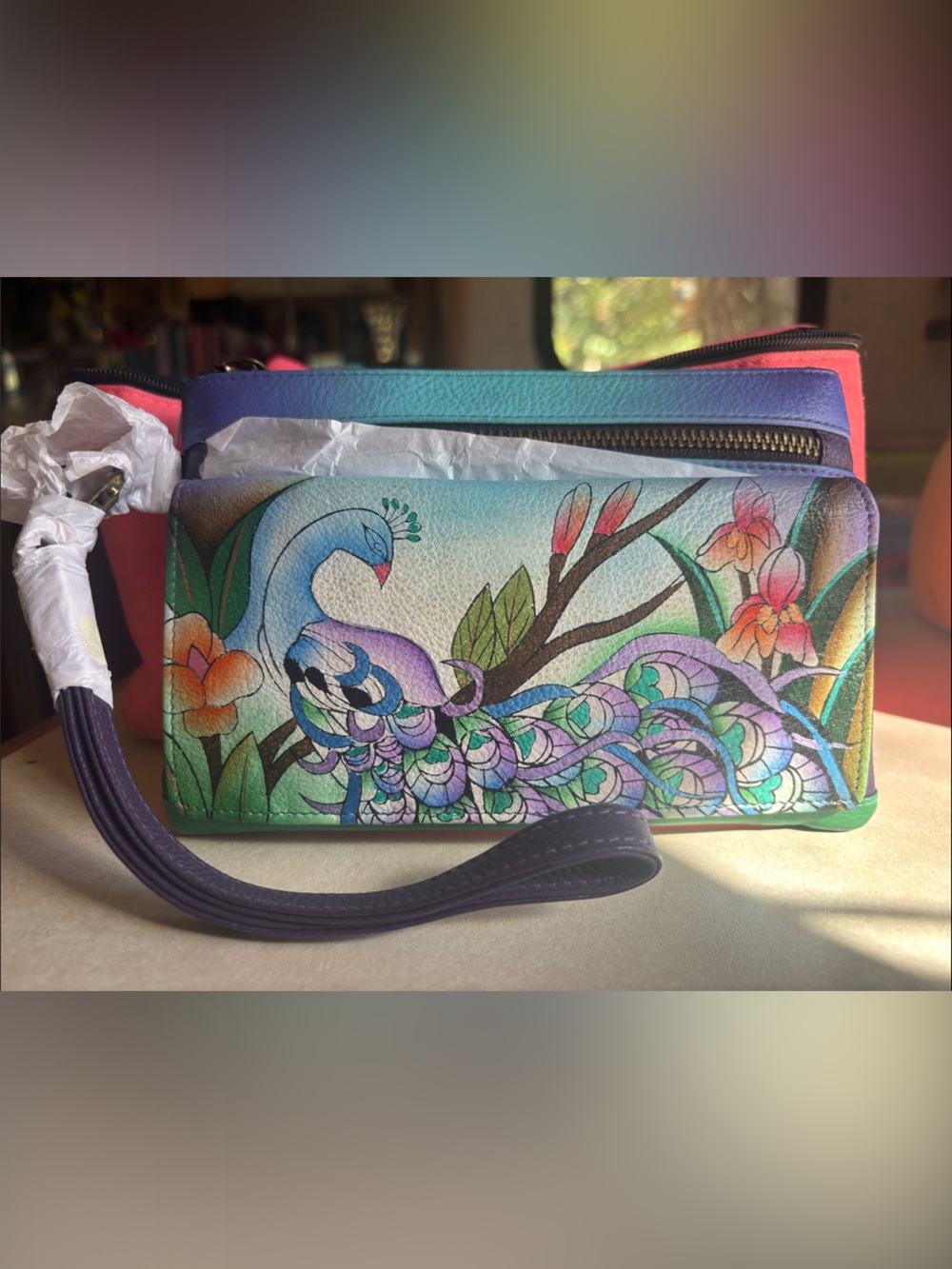Anuschka Peacock Multicolor Painted Wristlet Clutch - Blue & Green